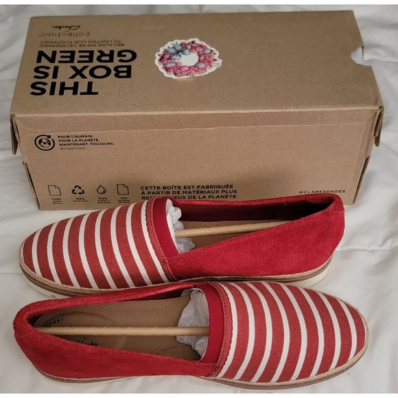 Clarks Red White Stripe Espadrille Slip On Flats Women Size 9 Comfort Shoes - Picture 2 of 5